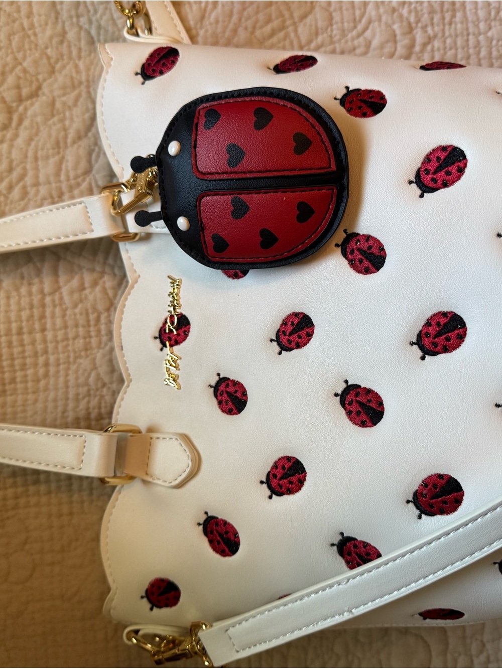 Betsey Johnson White Shoulder Bag with Red Ladybug Accent